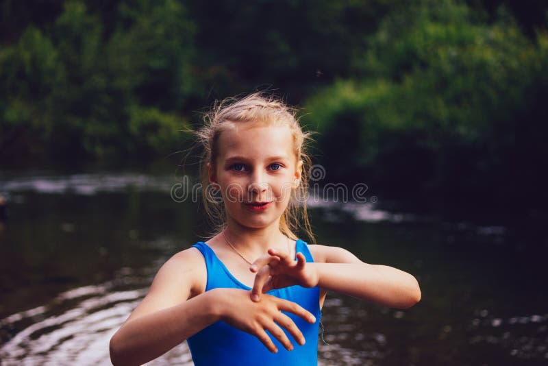 Blond Child Girl Has Fun in River Stock Image - Image of green, beauty ...