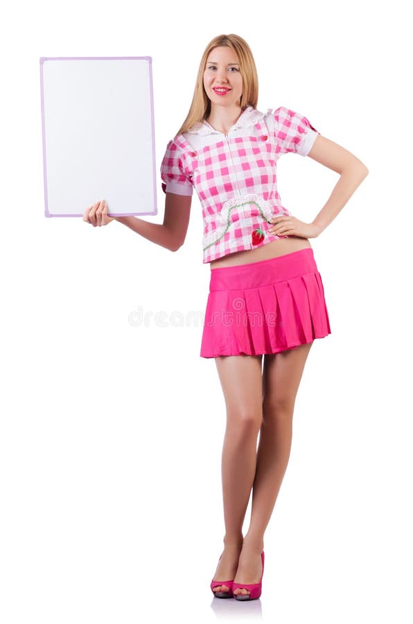 Blond flicka i rosa färger med affischen som isoleras på vit arkivfoto Blond flicka i rosa färger med affischen som isoleras på vit arkivfoto