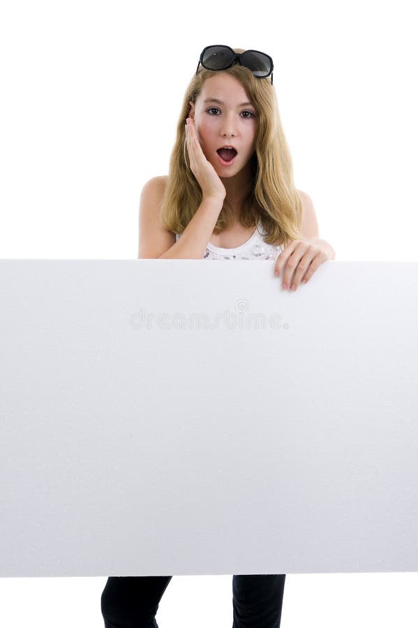 Blond girl with blank display board