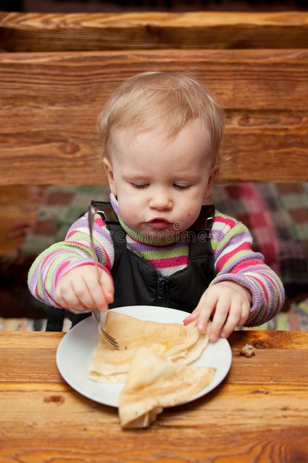 Blond Girl Eating Delicious Pancakes Stock Image Image of childhood
