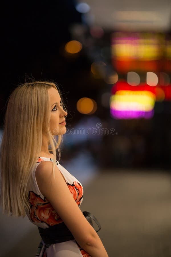 Blond girl at night city stock photo. Image of face, cute - 31642156