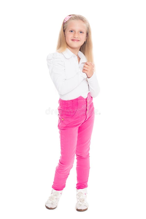 Blond girl in pink jeans stock photo. Image of beautiful - 43985050