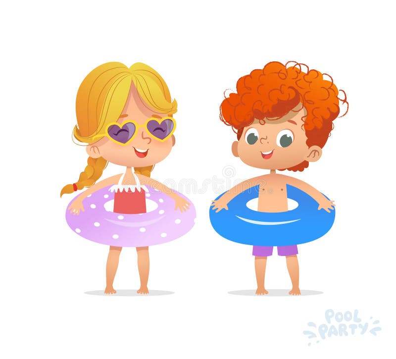 Blond Girl and Red hair boy in inflatable circle. Kid Friend Relax at Summer Multiracial Pool Party with Inflatable Ring