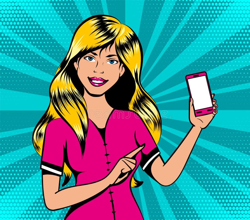 Blond girl with smart phone in pop art retro comic book style stock illustration Blond girl with smart phone in pop art retro comic book style stock illustration
