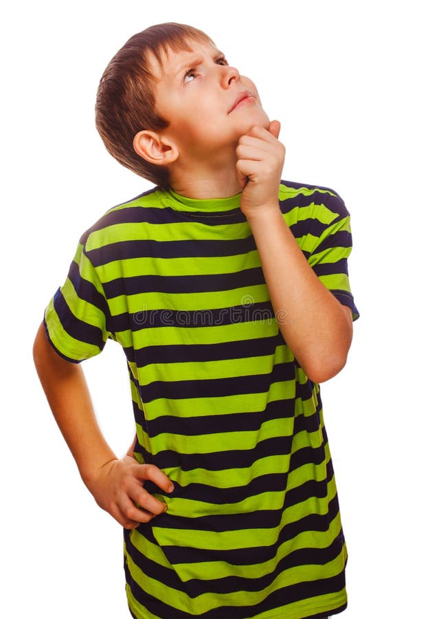 Blond gloomy serious boy in a green striped shirt