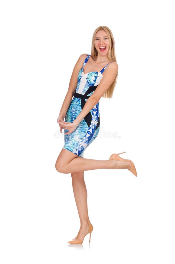 Blond hair girl in mini blue dress isolated on