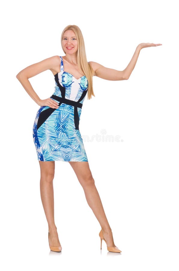 Blond hair girl in mini blue dress isolated on