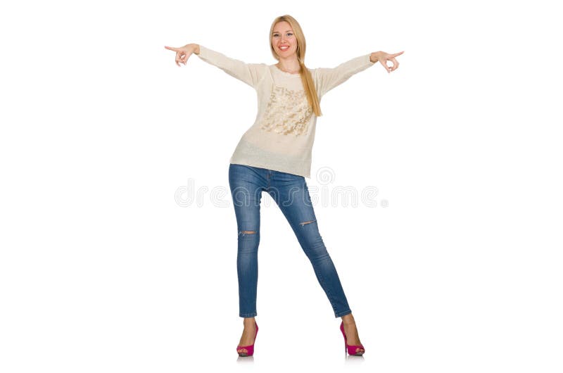 The blond hair woman posing in blue jeans isolated on white