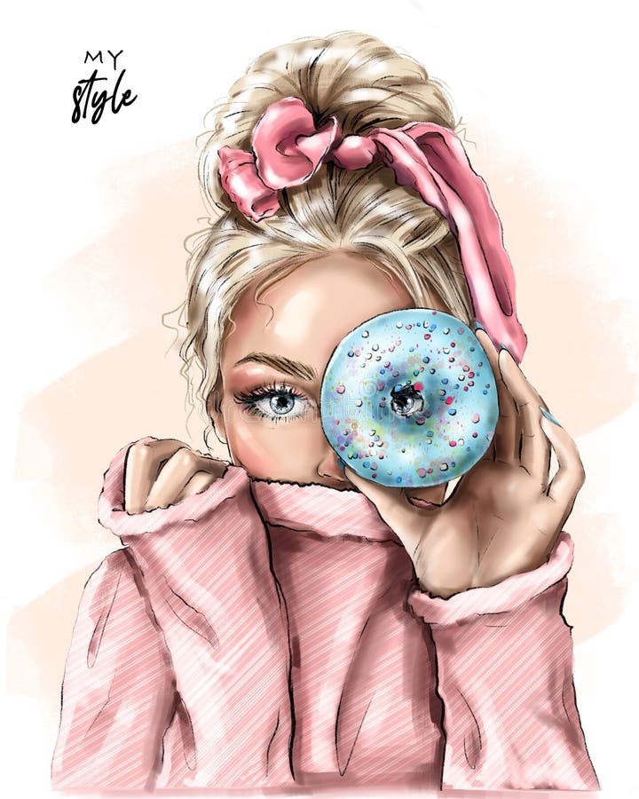 Blond hårflicka som håller en munk nära hennes öga. modeflicka med vacker hårstil. söt ung kvinna. vektor illustrationer