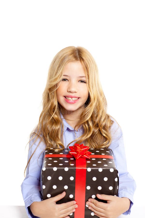 Blond Kid Girl with Present Gift Red Ribbon Box Stock Photo - Image of ...