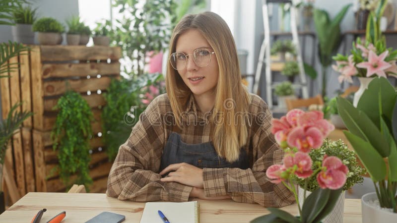 Blond kvinna med glasögon inomhus bland pulserande blommor i en grönfylld blomsterbutik som visar en varm och kreativ royaltyfri bild