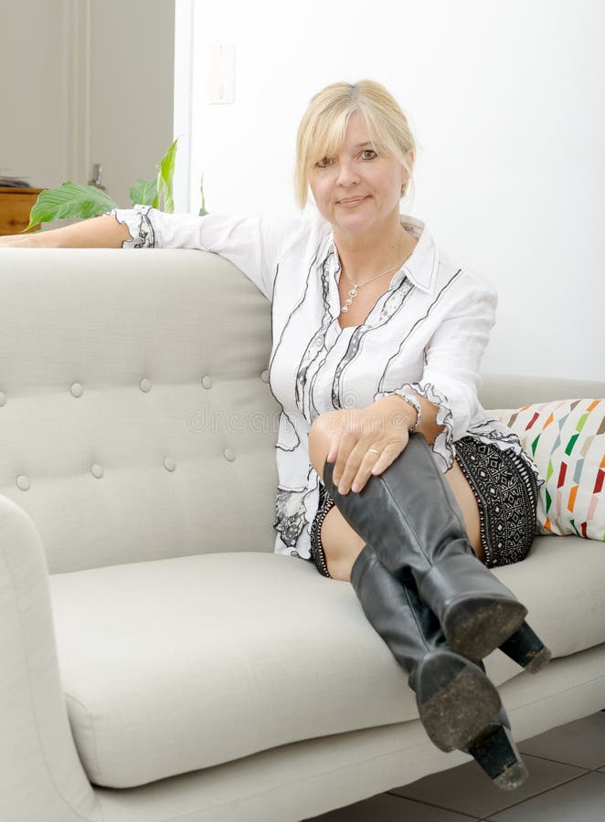 Blond Mature Woman Relaxing In Sofa Stock Image Image Of Interior Beauty 81023665