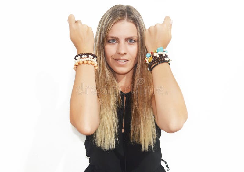 Blond woman advertises greek jewelry royalty free stock photos Blond woman advertises greek jewelry royalty free stock photos