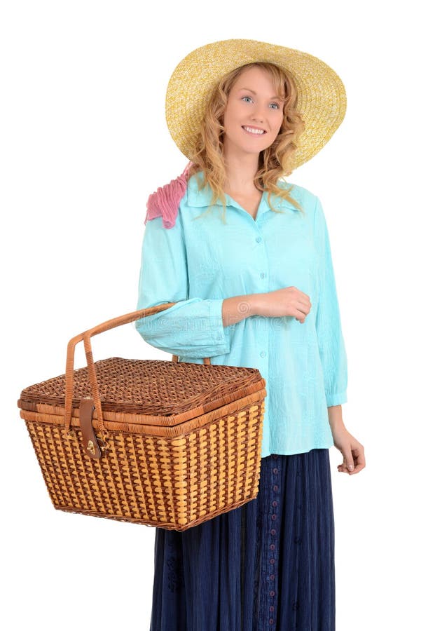Blond Woman Carrying Picnic Basket Stock Photo Image of country