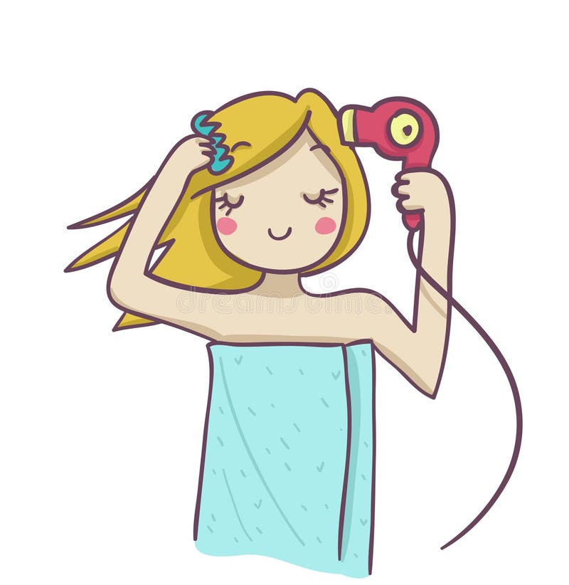 A Blond Woman Combing and Drying Her Blond Hair Wi Stock Illustration