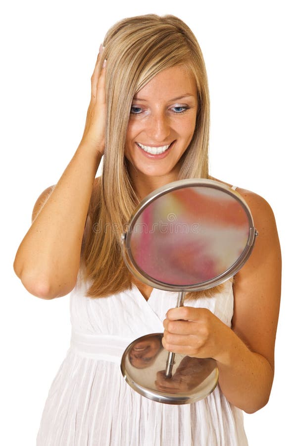 Blond woman with mirror isolated