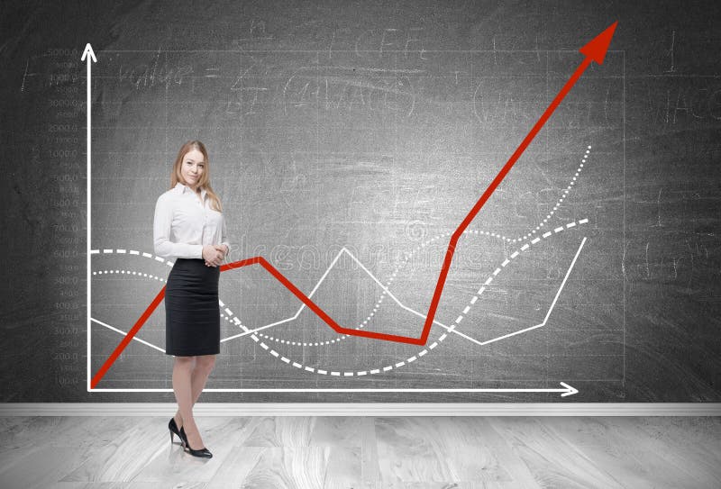 Blond woman and red and white graphs royalty free stock image Blond woman and red and white graphs royalty free stock image