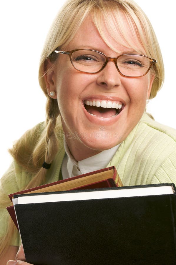 Blond Woman Smiles & Carries Stack of Books