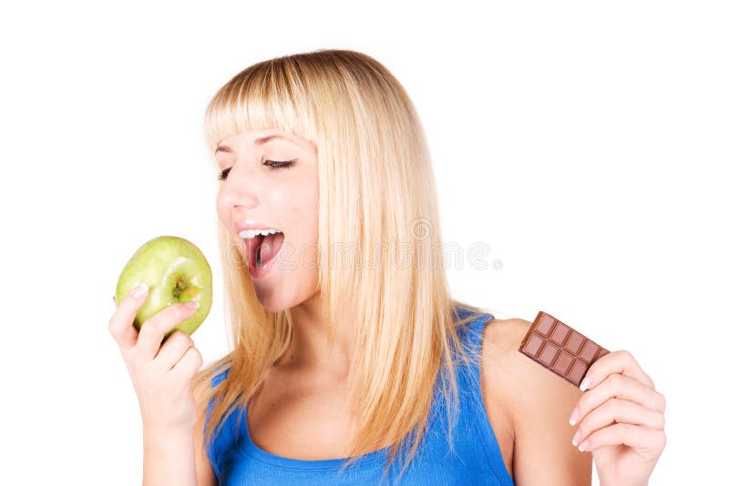 Blonde with apple and chocolates