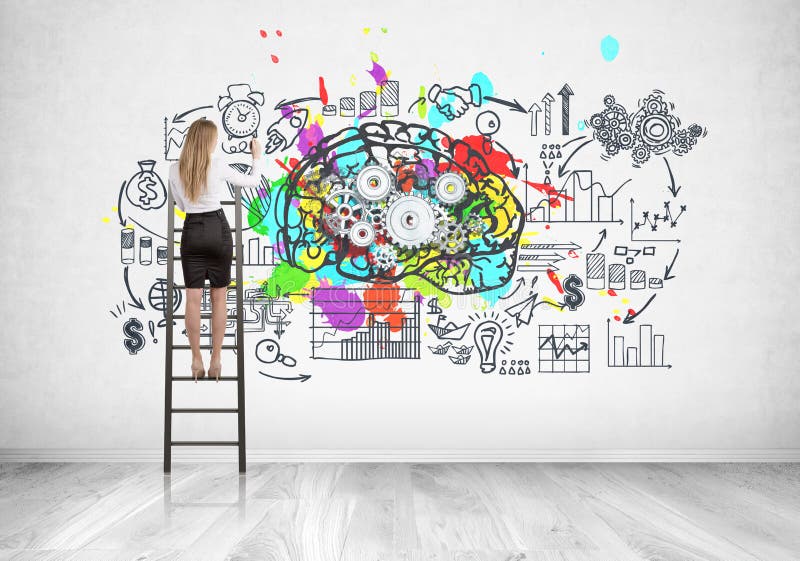 Blonde businesswoman on ladder, cog brain stock photography Blonde businesswoman on ladder, cog brain stock photography
