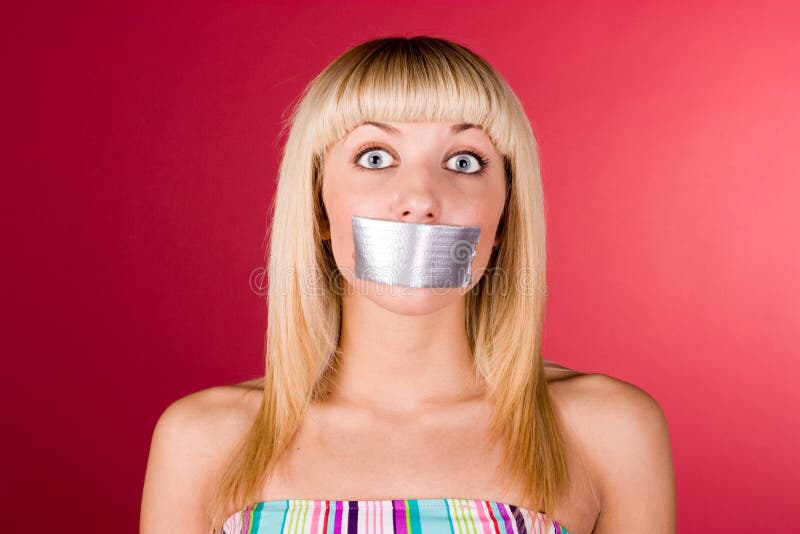 Blonde with duct tape on her lips