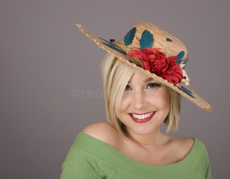 Blonde in Flowered Hat and Nice Smile