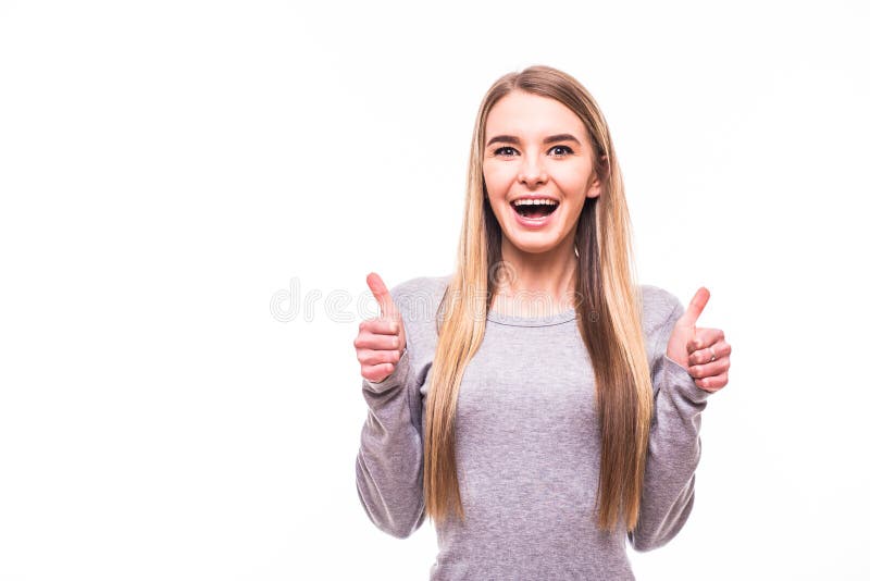 Blonde girl with super gesture on white background royalty free stock photos Blonde girl with super gesture on white background royalty free stock photos