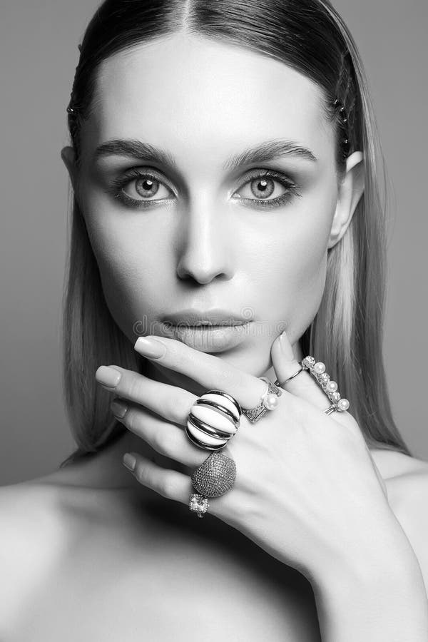 Jewelry Rings. Beauty and Fashion Girl Portrait Stock Photo - Image of ...