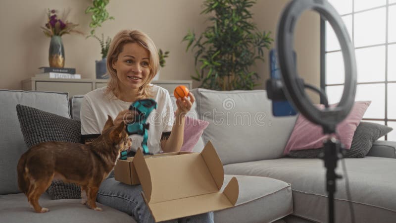 Blonde kvinna filmar en blogg i sitt vardagsrum med en chihuahua som visar tillbehör från en prenumerationsbox arkivfoto