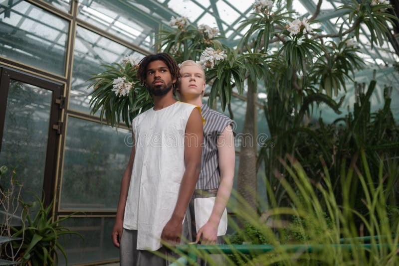 Blonde Man Standing Behind Dark Skinned Bearded Man Stock