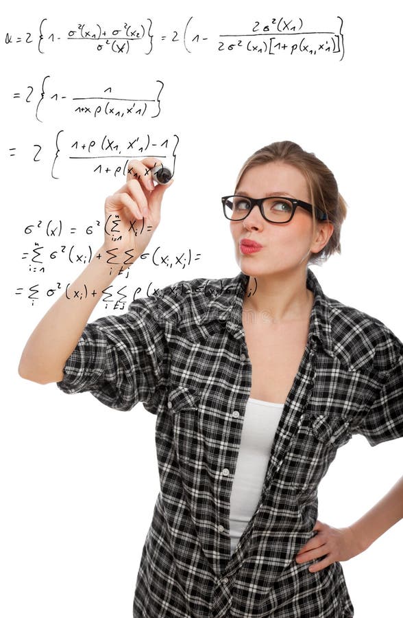 Blonde student girl drawing a mathematical formula