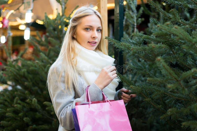 Blonde wat betreft een Kerstmisboom stock foto's Blonde wat betreft een Kerstmisboom stock foto's