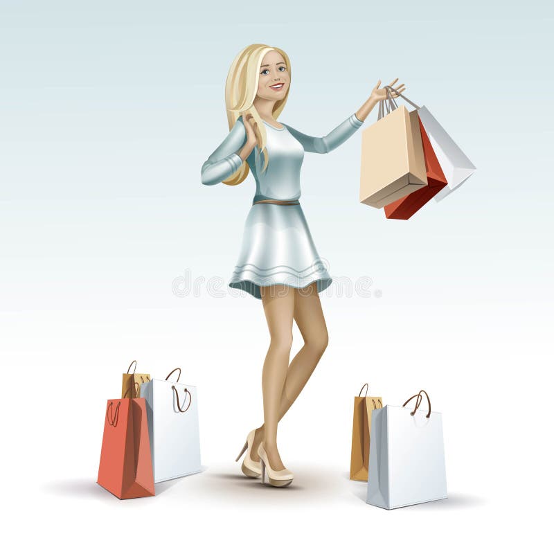 Blonde Woman Girl in Dress with Shopping Bags