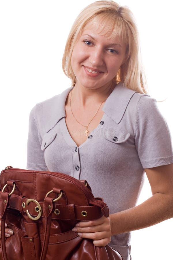 Blonde woman with handbag isolated. 2