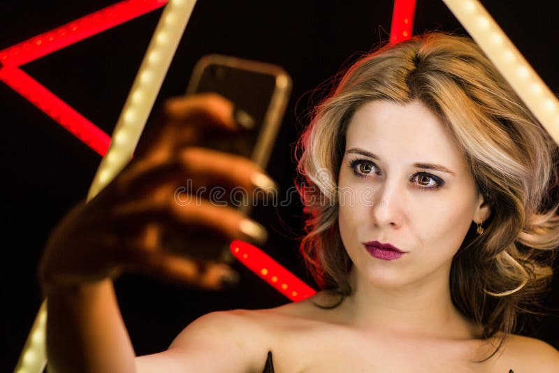 Blonde Woman With Make Up And Styling Makes Selfie Stock Image Image Of Selfie Space 87816025