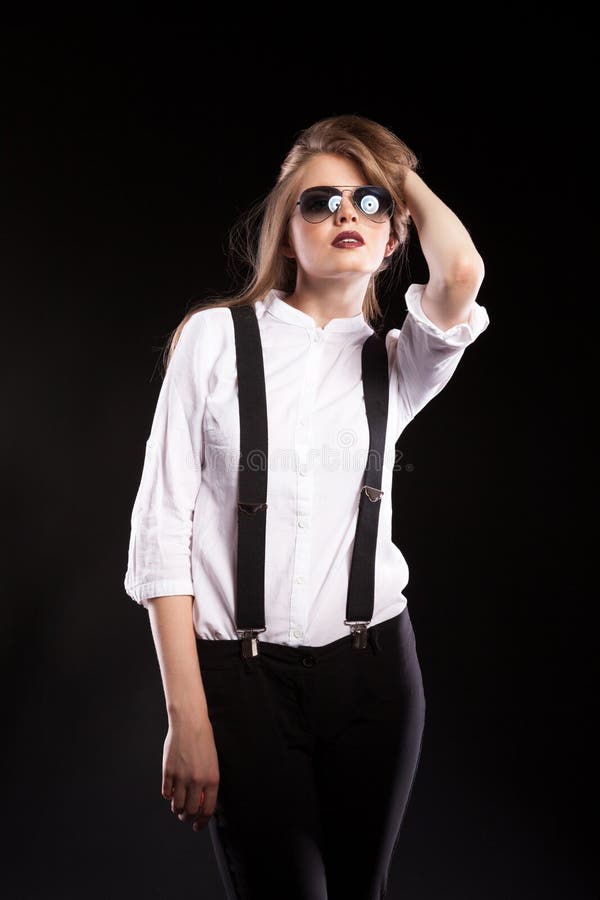 Blonde Woman Model With Suspenders And White Shirt Stock Image - Image ...
