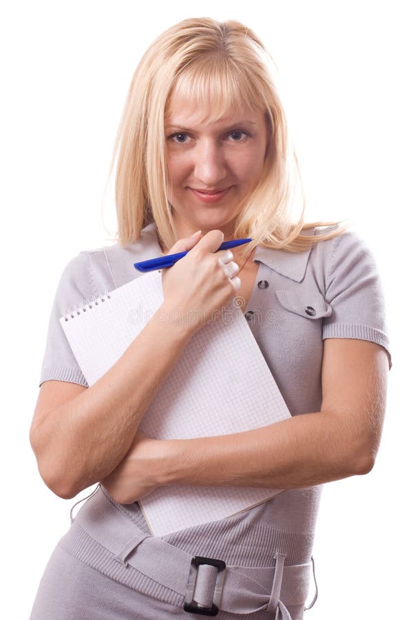Blonde woman with note pad. Isolated. 2