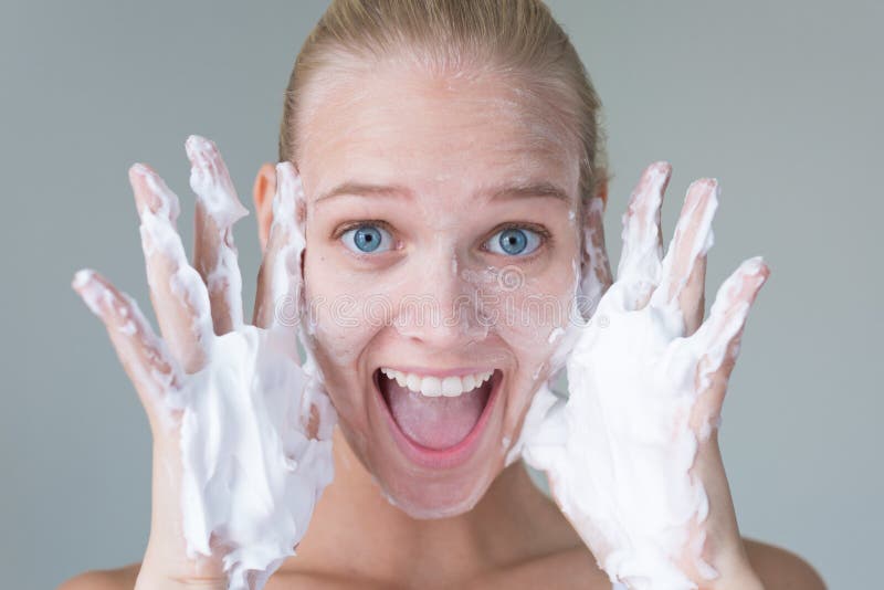 Beautiful Woman Washing Her Face With Water And Suds Smiling Hygiene And Beauty Skincare Stock