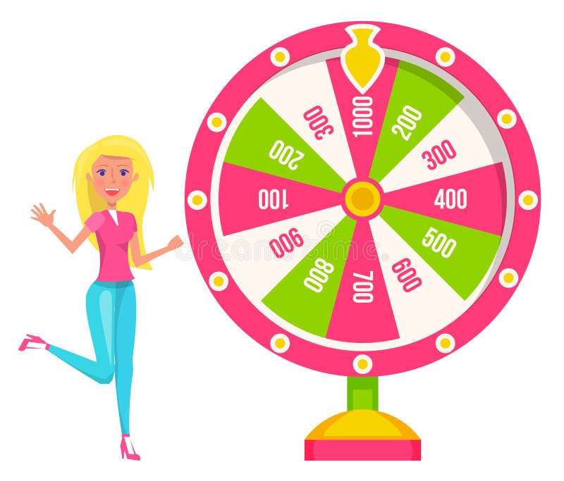 Blonde woman spinning colorful fortune wheel with pink and green sectors and with money prizes bets. Lottery and gambling games concept. Lucky roulette. Blonde woman spinning colorful fortune wheel with pink and green sectors and with money prizes bets. Lottery and gambling games concept. Lucky roulette