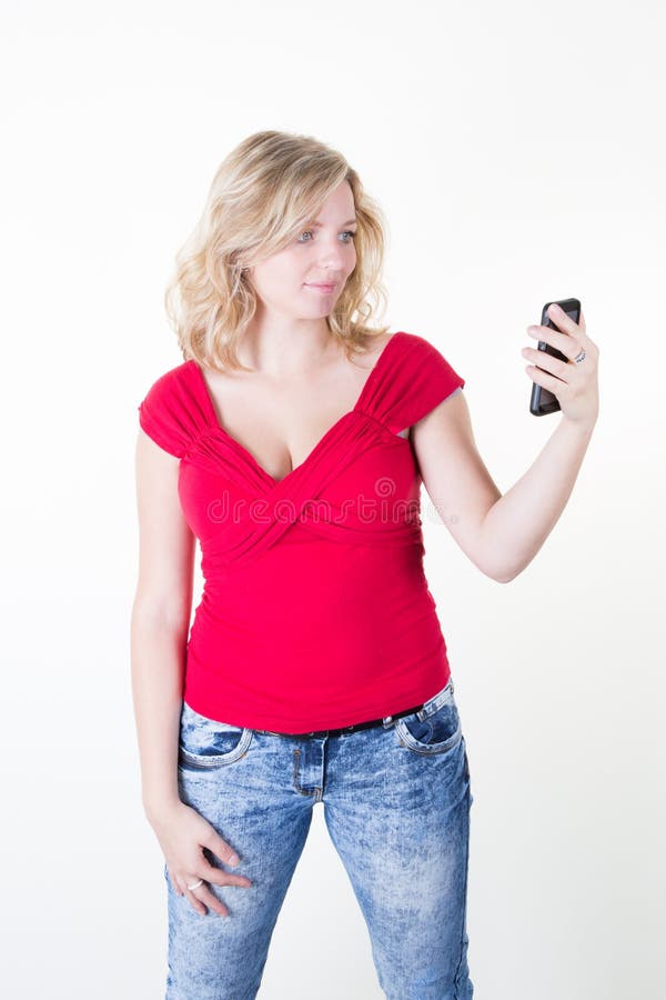 Blonde Woman Takes A Picture With Her Phone In Selfie Stock Image Image Of Selfie Takes