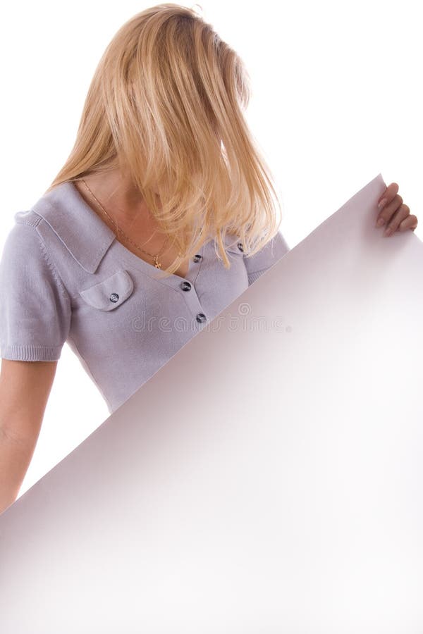 Blonde woman with white sheet of paper. 1