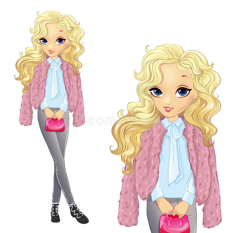 Blond meisje in bont en jeans stock illustratie