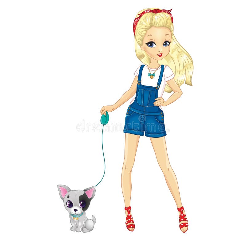 Blond meisje loopt met een hond royalty-vrije illustratie