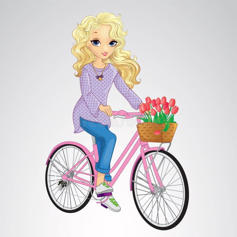 Blond meisje op een roze fiets royalty-vrije illustratie