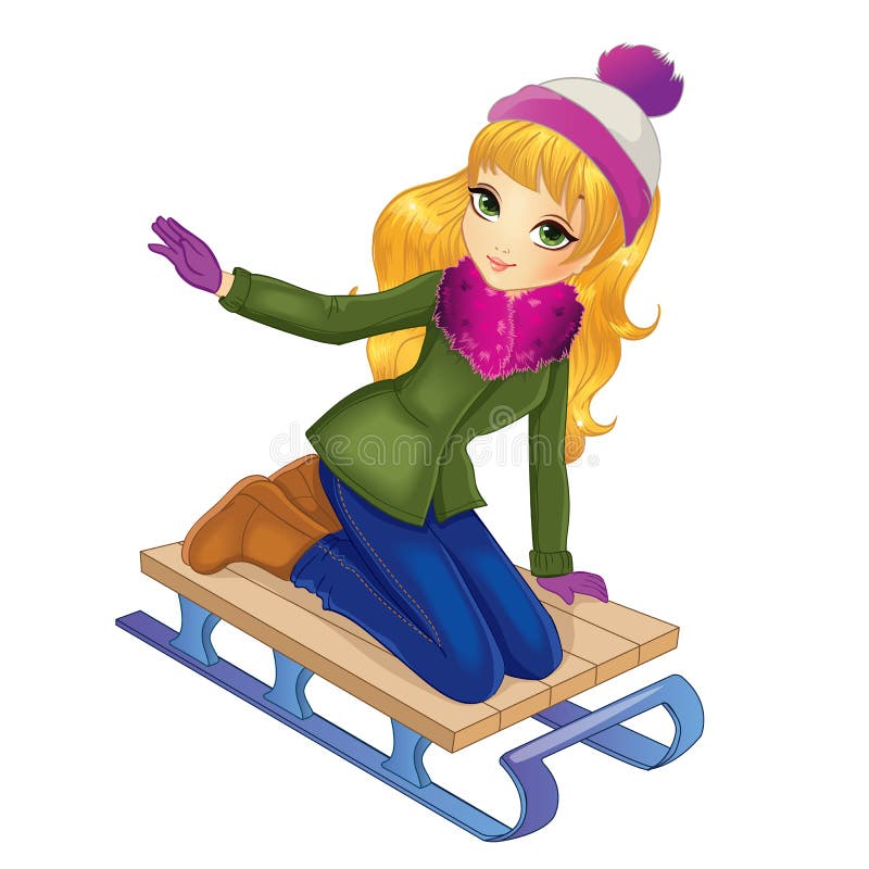 Blond meisje dat in de winter slee rijdt royalty-vrije illustratie