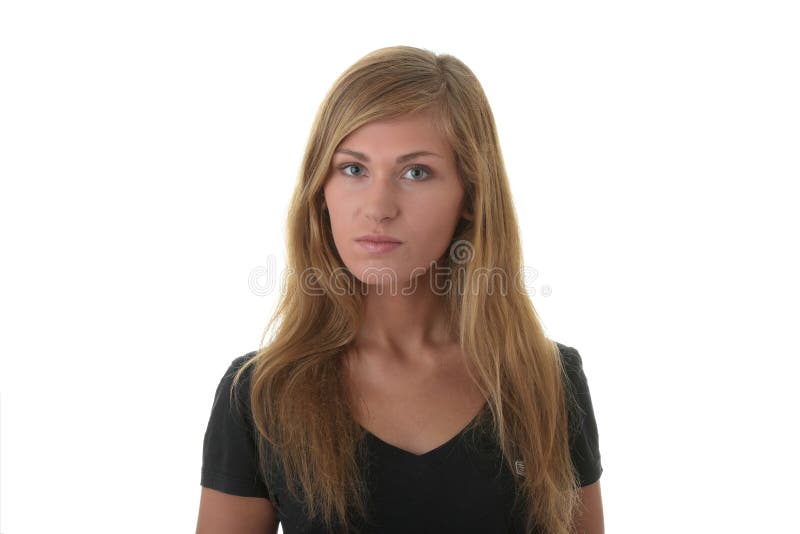 Blond young woman (student) portrait iith face expression isolated on white background. Blond young woman (student) portrait iith face expression isolated on white background