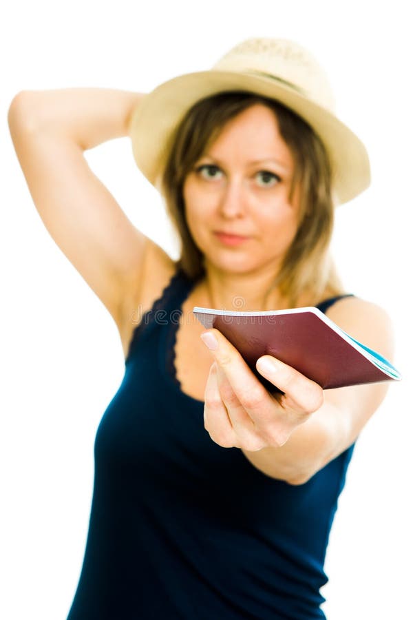 Blondinesommertourist mit dem Hut, der blaues Unterhemd trägt stockbilder Blondinesommertourist mit dem Hut, der blaues Unterhemd trägt stockbilder