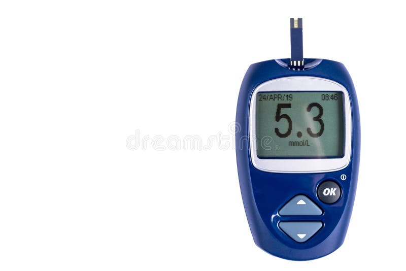 Blood Sugar Test Isolated on White Background. Copy Space. Glucose Meter  with Blood Sugar Level on Display. Close-up Stock Image - Image of  healthcare, health: 146526165