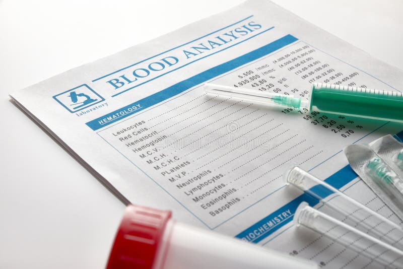 Blood Test Report with Vials Urine Container and Syringe Stock Photo