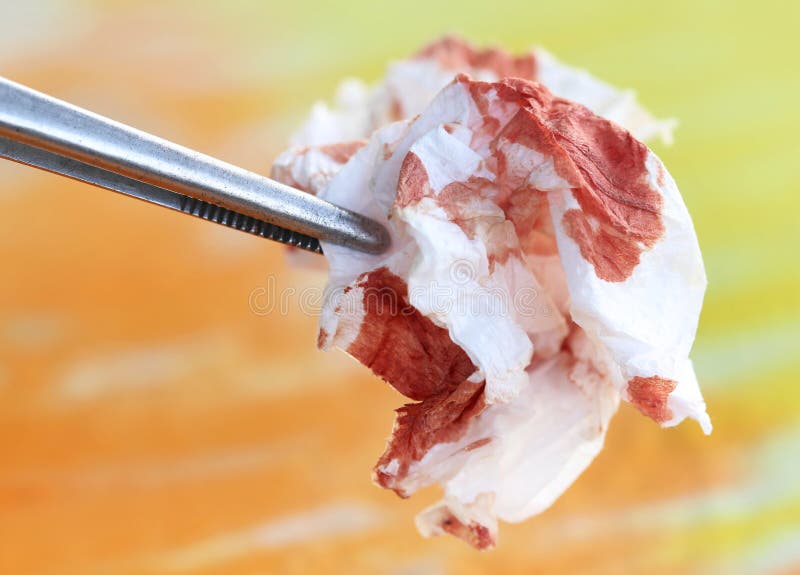 Blood On Tissue And Cotton On White Isolate Background With Cop Stock